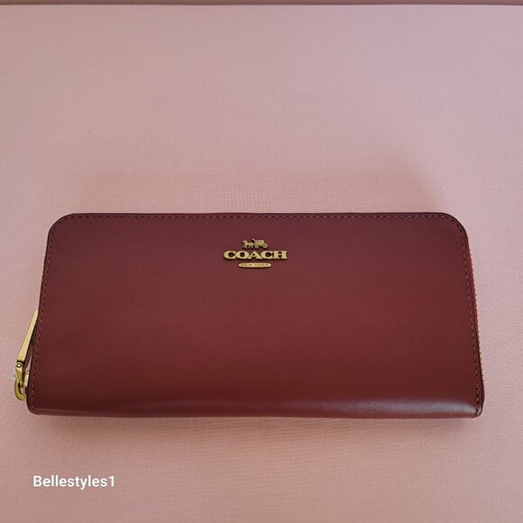 COACH Slim Accordion Smooth Calf Leather Zip-Around Wallet- Cherry color - Picture 6 of 16